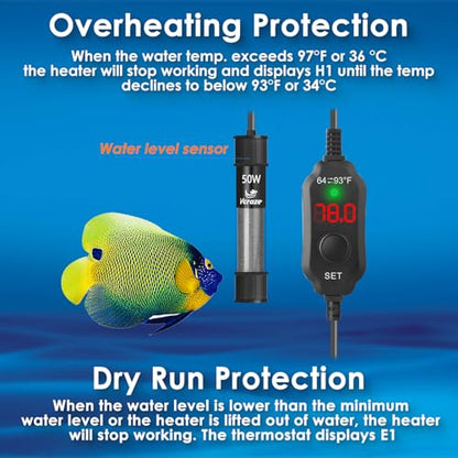 50W Compact Aquarium Heater for 5-10 Gallon Tanks | Super Short Submersible Fish Tank Heater with LED Digital Thermostat, Dry-Run & Overheat Protection, Memory Function - size: For Tanks 5-10 Gal