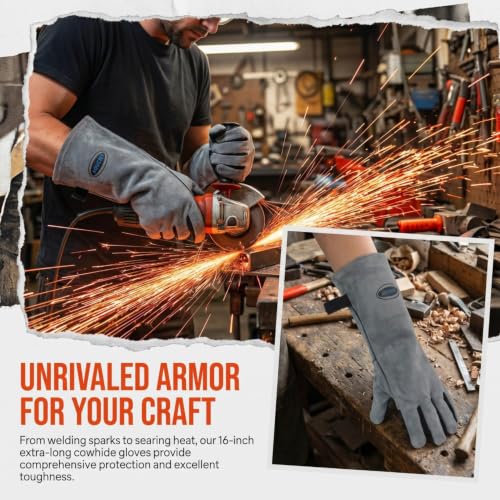 932℉ Leather Welding Gloves for Women Man, Heat Resistant Fire Long Sleeve Gloves for Tig Mig Stick BBQ Fireplace (Grey-Large) - size: Grey-Large