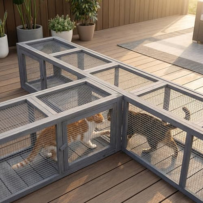 PawHut Outdoor Cat Tunnel with Extendable Design, 79" L Wooden Cat Run with Weather Protection, Connecting Inside and Outside, for Deck Patios, Balconies, Dark Gray