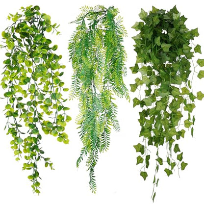 NiHome 8-Pack Artificial Hanging Plants, Fake Plant Hanger Indoor Outdoor Decor with 6 Ivy 1 Eucalyptus 1 Fork Fern Vines, Water-Resistant Faux Hanging Plant for Ceiling Wall Patio Garden Home Decor