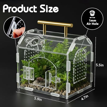 Acrylic Jumping Spider Enclosure (5.9" x 4.7" x 5.5") - Magnetic Door & Handle Terrarium for Tarantulas, Reptiles, Amphibians & Insects - All-Round Transparent, Easy Assembly & Feeding