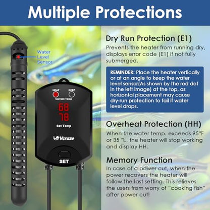 Aquarium Heater 300W Fish Tank Heater with External Thermostat (Dual Digital Display), Turtle Heater for Tanks 40-75 Gallons, Dry-Run/Overheating Protection and Memory Function