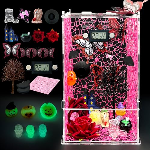 Jumping Spider Enclosure,DIY Insects Habitat,Small Reptile Terrarium Glass House Accessories Set,with Temperature and Humidity Detector Water Feeder Platform Hide,5.5“x5.5”x9.5“ (Pink) - color: Pink