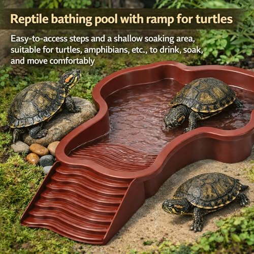 Large Turtle Water Bowl, Reptile Bathing Pool Tortoise Water Dish Bearded Dragon Water Fountain Non-Slip Reptile Food Dish for Tortoise Gecko Lizard Snake Terrarium Habitat, Plastic, Red - color: Red