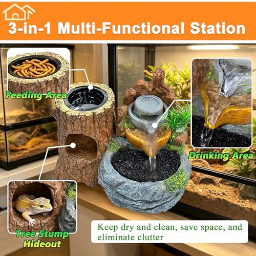 PurifyLogix 3 in 1 Reptile Water Fountain with Food Dish & Hideout, 550ML Reptile Waterfall Drinking Fountain, Reptile Water Dispenser for Bearded Dragon, Gecko, Lizard, Chameleon, Natural Resin