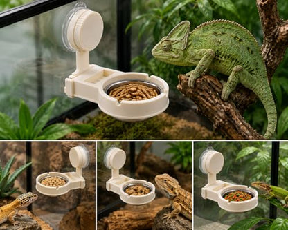 Reptile Feeding Ledge with Suction Cup, Removable Stainless Steel Bowl Feeder, Aquarium Terrarium Food Water Dish Accessory for Gecko Chameleon Bearded Dragon Lizard