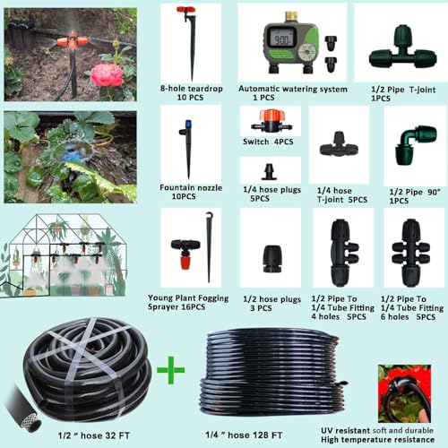 Drip Irrigation System for Garden with Water Timer Main ID 1/2inch 32Ft and 1/4inch 131Ft Water Hose, 2-Zone Automatic Watering System Sufficient Water Irrigation Dripper Waterflow Evenly Easy DIY - size: 32Ft+131Ft 2-Zone