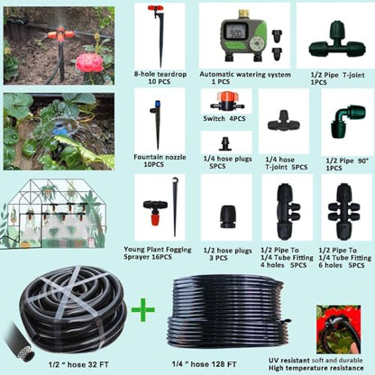 Drip Irrigation System for Garden with Water Timer Main ID 1/2inch 32Ft and 1/4inch 131Ft Water Hose, 2-Zone Automatic Watering System Sufficient Water Irrigation Dripper Waterflow Evenly Easy DIY - size: 32Ft+131Ft 2-Zone