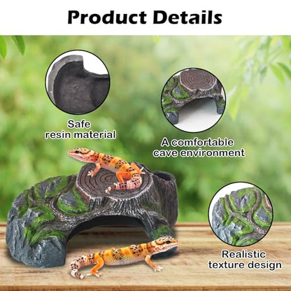 Resin Reptile Hide Cave,Leopard Gecko Cave Hideout Reptiles Habitat Tree Stump Decor Lizard Tank Climbing Ramp Basking Platform Accessories for Gecko Hermit Crab Small Turtle Frog Spider Scorpion