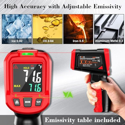 FKM Infrared Thermometer Gun,Non Contact Laser Thermometer Gun for Industrial,HVAC,Engine,Kitchen Cooking,Digital IR Temperature Gun -58°F~1112°F(-50°C~600°C) Adjustable Emissivity,Not for Human - color: Red