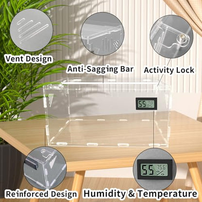 Reptile Terrariums, with Temperature Hygrometer, 15.7"x9.9"x7.1"Acrylic Reptile Breeding Box Terrarium Cage Tank for Small Reptile Insect Home Office - size: Terrestrial L (No Tray)
