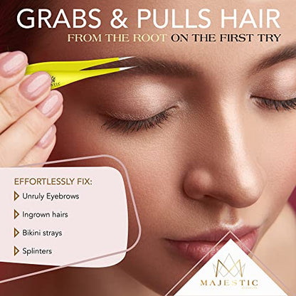 Majestic Bombay Fine Point Tweezers for Women and Men – Splinter Ticks, Facial, Brow and Ingrown Hair Removal–Sharp, Needle Nose, Surgical Tweezers Precision Pluckers best tweezers for chin hair - color: Yellow