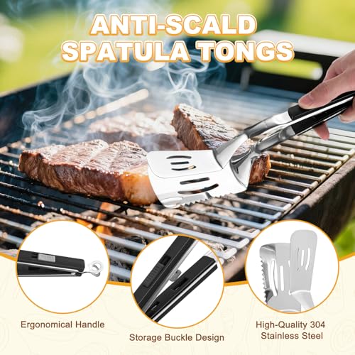 M METERXITY Spatula Tongs, 13.4 Inch 304 Stainless Steel Anti-Scald Extended Serrated Multifunctional Flipper Grill Clamp for Cooking/Barbecue, Kitchen Cooking Tong [Black Handle, Silver Tone] - color: Black Handle, Silver Tone