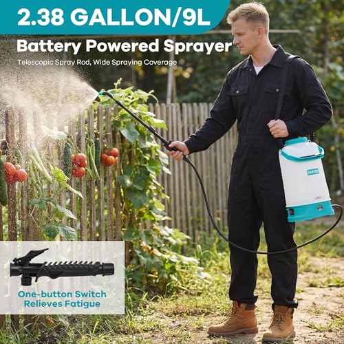 2.38 Gallon Battery Powered Sprayer with Adjustable Shoulder Strap, 0-60 PSI Adjustable Pressure, Electric Sprayer with 1 Nozzles and 1 Wands, 12V 2Ah Battery, Wide Mouth Lid for Weeding, Spraying - size: 2.38 Gal