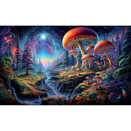 Forest Aquarium Background Fantastic Cartoon Forest Landscape with Mushrooms and Flowers Terrarium Background Fantasy Pine Tree Mysterious Mushroom Theme Fish Tank Backdrop Poster Decor 24x16in - color: Purple Orange, size: 24(W)x16(H)in