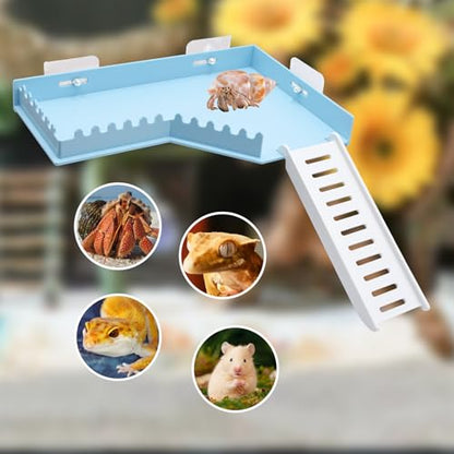 No-Drill Climbing Platform with Ramp, Hermit Crab Climbing Wall & Hideout, Multi-Level Platform with Ladder, No-Tools Mounting for Geckos, Small Lizards, Hamsters - color: Blue