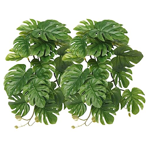 2Pack Reptile Fake Plants for Terrarium, Snake Tank Accessories, Habitat Decor Artificial Hanging Plants with Suction Cup - Fake Monstera - color: A-fake Monstera