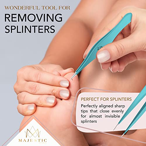 Majestic Bombay Fine Point Tweezers for Women and Men – Splinter Ticks, Facial, Brow and Ingrown Hair Removal–Sharp, Needle Nose, Surgical Tweezers Precision Pluckers best tweezers for chin hair - color: Teal Blue