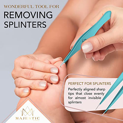 Majestic Bombay Fine Point Tweezers for Women and Men – Splinter Ticks, Facial, Brow and Ingrown Hair Removal–Sharp, Needle Nose, Surgical Tweezers Precision Pluckers best tweezers for chin hair - color: Teal Blue