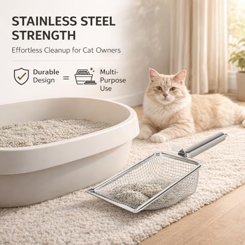 Cat Litter Scoop Stainless Steel, Rustproof Shovel with Hook, Easy to Clean and Hang - Durable Material, Fine Holes for Efficient Waste Removal, Ideal for Cats and Reptiles