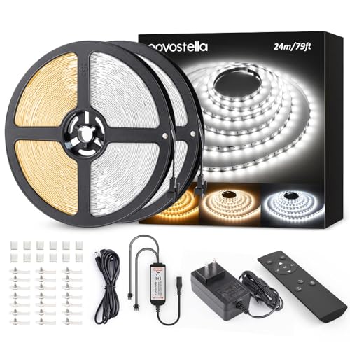 NOVOSTELLA 79ft(2rolls) Tunable White LED Strip Light Kit 2688LEDs Dimmable 3000K-6500K 24V Flexible Tape Remote Ribbon for Stage Bedroom Party Kitchen Stair Living Room Ceiling Daylight Warm White - size: 79ft (Non-waterproof)