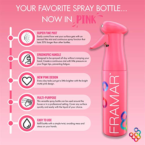 FRAMAR Premium Hair Mister Spray Bottle – Continuous Spray Bottle For Hair, Water Sprayer, Continuous Mister for Salon Supplies – Ultra Fine Mist – Pink 250 ml - color: Pink