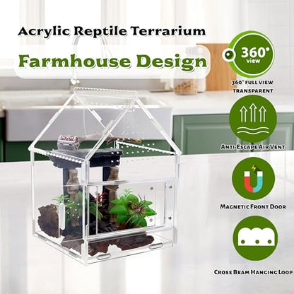 Acrylic Jumping Spider Enclosure with Magnetic Front Door - 360° View Reptile Terrarium for Tarantulas, Insects Hermit Crab - Includes Hanging Beam & Escape-Proof Ventilation (7.87x5.9x5.9 Inch)