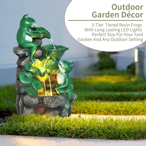 HPC Decor Outdoor 4-Tier Frog Waterfall Fountain with LED Lights for Garden, Patio, Yard, and Porch Décor, 19.9" H (Green)
