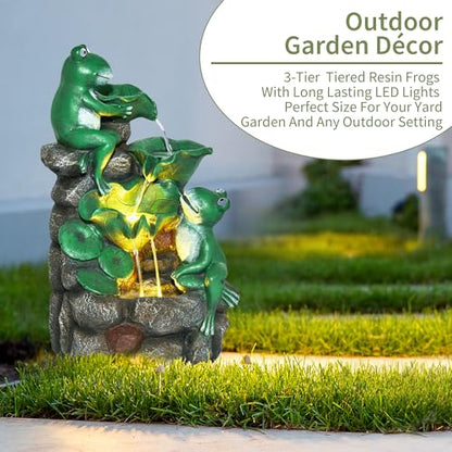 HPC Decor Outdoor 4-Tier Frog Waterfall Fountain with LED Lights for Garden, Patio, Yard, and Porch Décor, 19.9" H (Green)