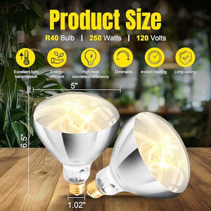 250W R40 White Heat Lamp Bulbs (4-Pack), Infrared Heat Bulbs, Infrared Therapy Bulbs for Bathroom, Sauna, Pets & Chickens, 2,000 Hour Rated, E26 Base - color: White
