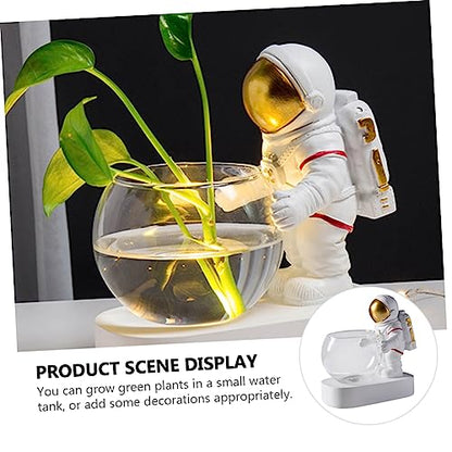 BESPORTBLE Hydroponic Glass Vase with Astronaut Resin Ornament and LED Light Multifunctional Water Plant Holder for Home Office and Bar Decor Themed Art Accent