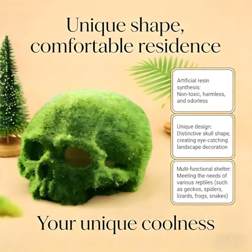 Realistic Mossy Skull Terrarium Ornament - 4.5" Reptile Habitat Decor for Gecko, Spider, Lizard Enclosure