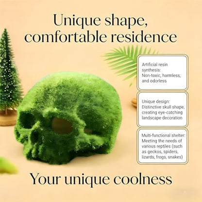 Realistic Mossy Skull Terrarium Ornament - 4.5" Reptile Habitat Decor for Gecko, Spider, Lizard Enclosure