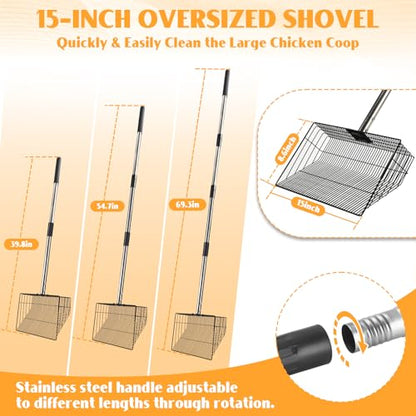 CAROD 15"-Large Thickened Chicken Poop Scooper, 24 to 68" Adjustable Chicken Coop Scoop for Poop with Stainless Steel Handle, Litter Scooper Sifting Shovel Chicken Coop Accessories