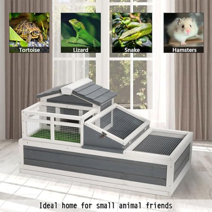 Tortoise House Habitat, Wooden Large Transparent Tortoise Enclosure with Turf Balcony & 2 Stories, Indoor/Outdoor Wooden Tortoise Enclosure with Ladder and Tray for Small Animals