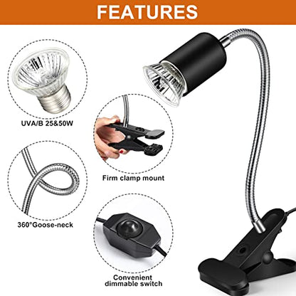 3 Set Reptile Heat Lamp UVA/UVB Turtle Heat Lamp Holder Fixture Clamp Basking Spot Adjustable 50w Full Spectrum Sun Sunbathe Bulb for Turtle Lizard Bearded Dragon Snake Aquarium Amphibian(Black) - color: Black