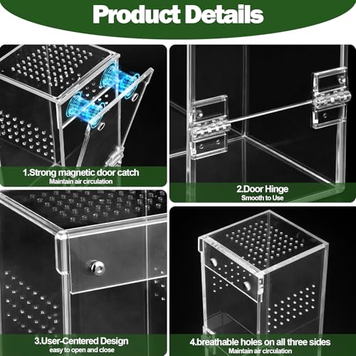 No Assembly Upgraded Acrylic Jumping Spider Enclosure Kit,Magnetic Closure Front Door & 3-Side Ventilation, with Tweezer &Thermometer Strips &Reptile hidepout,Ideal for Snail,Insect,Lizard,Tarantula - size: Habitat+Tweezers+Temperature strip+Hideout