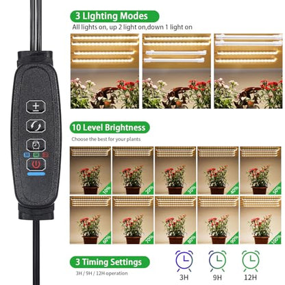 Four Head 8.6 Inches LED Grow Light Strips, Grow Lights for Indoor Plants Full Spectrum 3000K, 104 LEDs Plant Light with 10 Dimmable Levels, 3/9/12H Timer for Seedling Succulent and Plant Shelf - size: 8.6Inch 4 Head 1 Pack