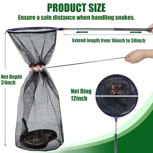 IC ICLOVER Snake Catcher Net+52" Snake Tongs with 39" Snake Hook, Reptile Grabber Rattle Snake Catcher Wide Jaw Handling Tool,Snake Catching Net with Telescopic Pole, Adjustable Snake Capture Stick