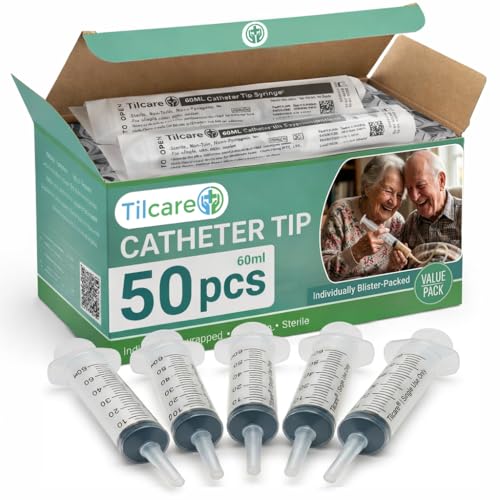 60ml Catheter Tip Syringe with Covers 50 Pack by Tilcare - Sterile Plastic Medicine Food Droppers for Children, Pets or Adults – Latex-Free Oral Medication Dispenser - Large Feeding Tube Syringes