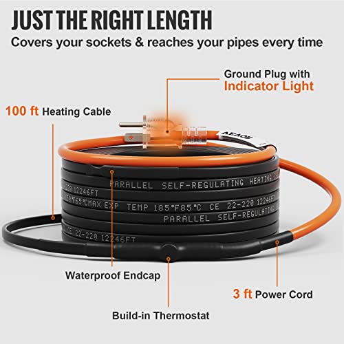 VEVOR Self-Regulating Pipe Heating Cable, 100-feet 5W/ft Heat Tape for Pipes Freeze Protection, Protects PVC Hose, Metal and Plastic Pipe from Freezing, 120V - size: 100 Feet