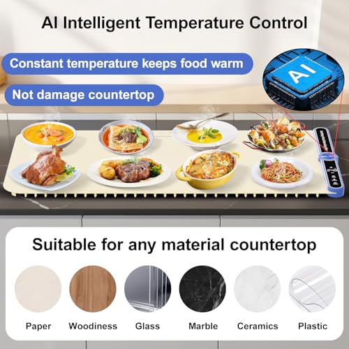 Large Warming Mat for Food Silicone Food Warmers for Parties Buffet Thanksgiving 32''X15'' 450W Portable Rollable Even Heating in 8 Sec 9-Level Temp Timer, Child Lock,Auto Power Off-Beige - size: Beige-XL 15*32in