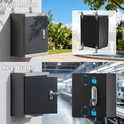 Joinfworld Outdoor Electrical Metal Box 15.7" x 11.8" x 7.8" Weatherproof Outdoor Junction NEMA Enclosure Box with Lock Din Rail Cable Gland - size: 15.7"x11.8"x7.8"