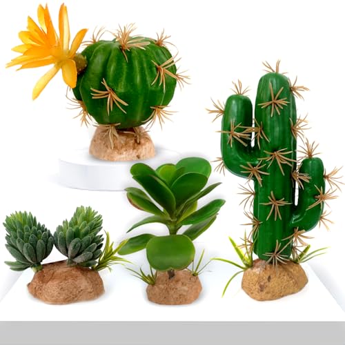 Fake Reptile Plants, Desert Reptile Plants Succulent kit, Reptile Terrarium Decorative, 4 Pcs, Faux Cactus Plants for Bearded Dragon Tank Decor, Cactus Terrarium Decor