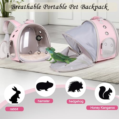 Bearded Dragon Travel Backpack Carrier with Reptile Thermometer and Humidity Gauge Lizard Travel Cage Space Capsule Clear Bubble Window Astronaut Reptile Bag for Ball Python (Pink, BE Backpack) - color: Pink, size: 11.8"L x 7.2"W x 11.8"H