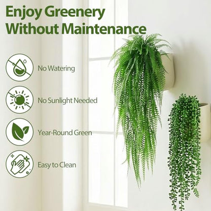 Daifunli 12 Pcs Artificial Hanging Plants Fake Hanging Ferns Plastic Fake Plant for Wall Room Garden Garland Indoor Outdoor Decor No Basket (Boston Ferns,String of Pearls) - style: Boston Ferns, String of Pearls