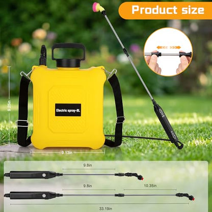2 Gallon Battery Powered Sprayer, Electric Garden Sprayer with 6 Mist Nozzles, Adjustable Spray Effect, Weed Sprayer with Hand Shank Waterproof, Adjustable Telescopic Rod, for Yard, Lawn and Garden