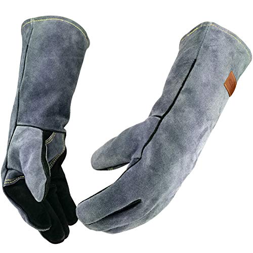 WZQH 16 Inches,932℉,Leather Welding Gloves XXL, Fire & Heat Resistant, Mitts for BBQ, Oven, Grill, Fireplace, Tig,Mig, Baking, Furnace, Stove, Pot Holder, Animal Handling Glove, Forge. 2XL, Black-gray - color: Black-gray, size: XX-Large (Pack of 1)