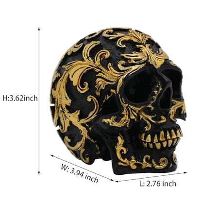 Gothic Skull Heads Home Decor - 3.62 Inch Desk Skeleton Skull Head Statue Fake Resin Skull Figurine Decor for Halloween Decorations, Party Gold Skull Head Designs