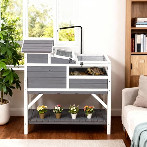 GEGURI Tortoise Habitat House Indoor Outdoor, 3-Room Wooden Turtle Enclosure Reptile Cage with Shelf Storage, Balcony & 2 Stories for Small Animals (Tortoise Habitat with Shelf Storage)